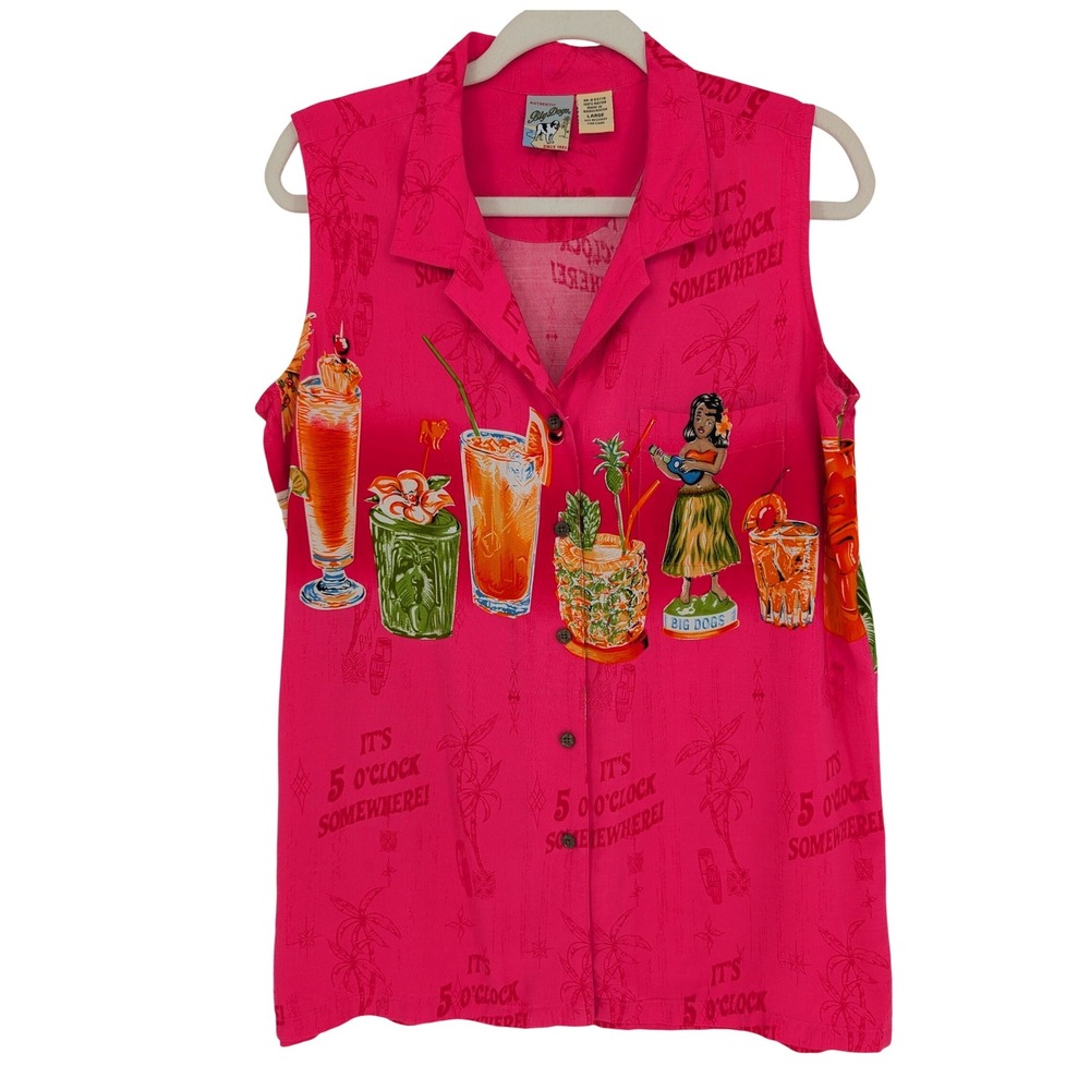 VTG 90s Big Dogs Button Front Top Womens L Pink Hawaiian Tropical Cocktails Tiki